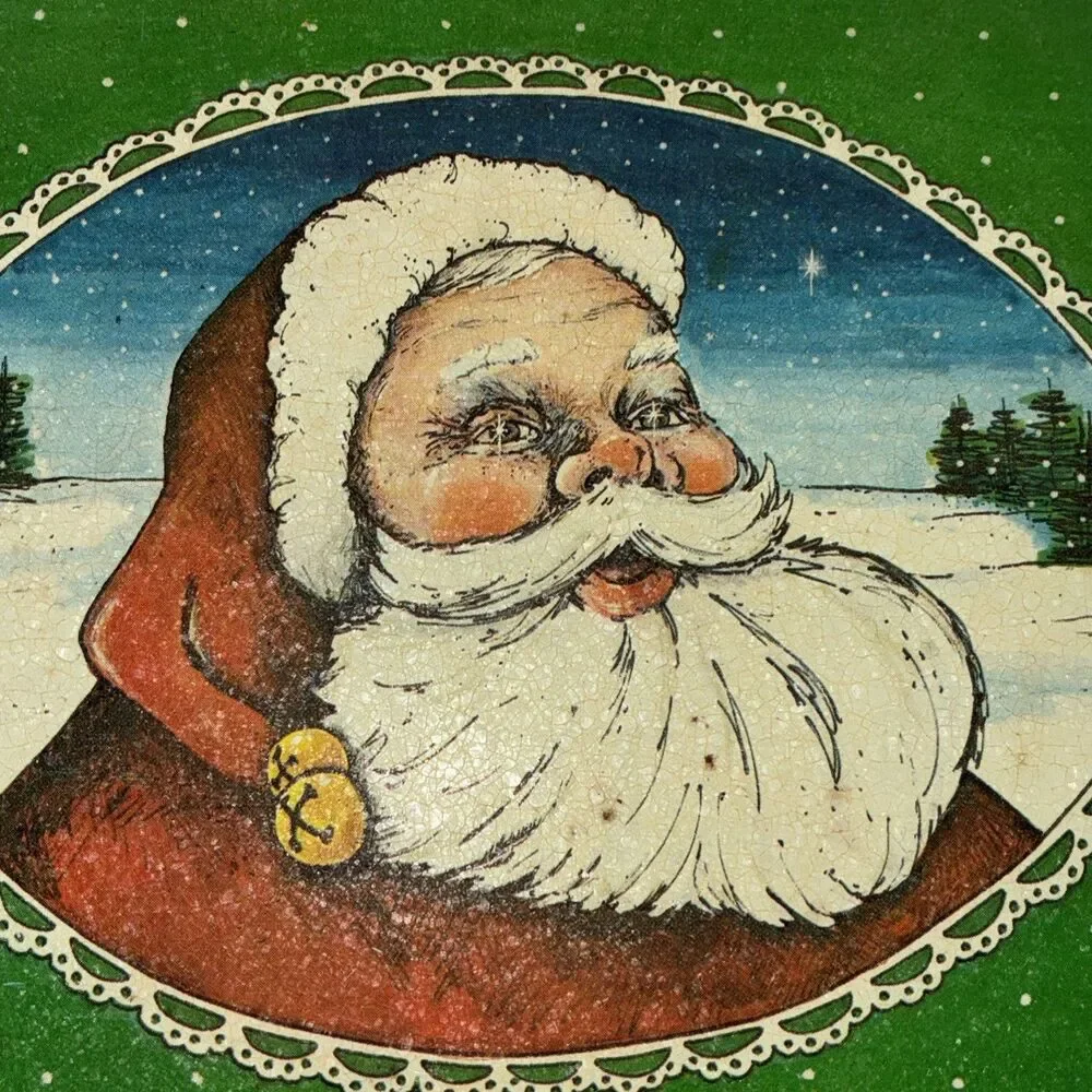Vintage 80s Christmas Hot Mat Trivet Santa Antique Tin Series Wings USA Kitschy